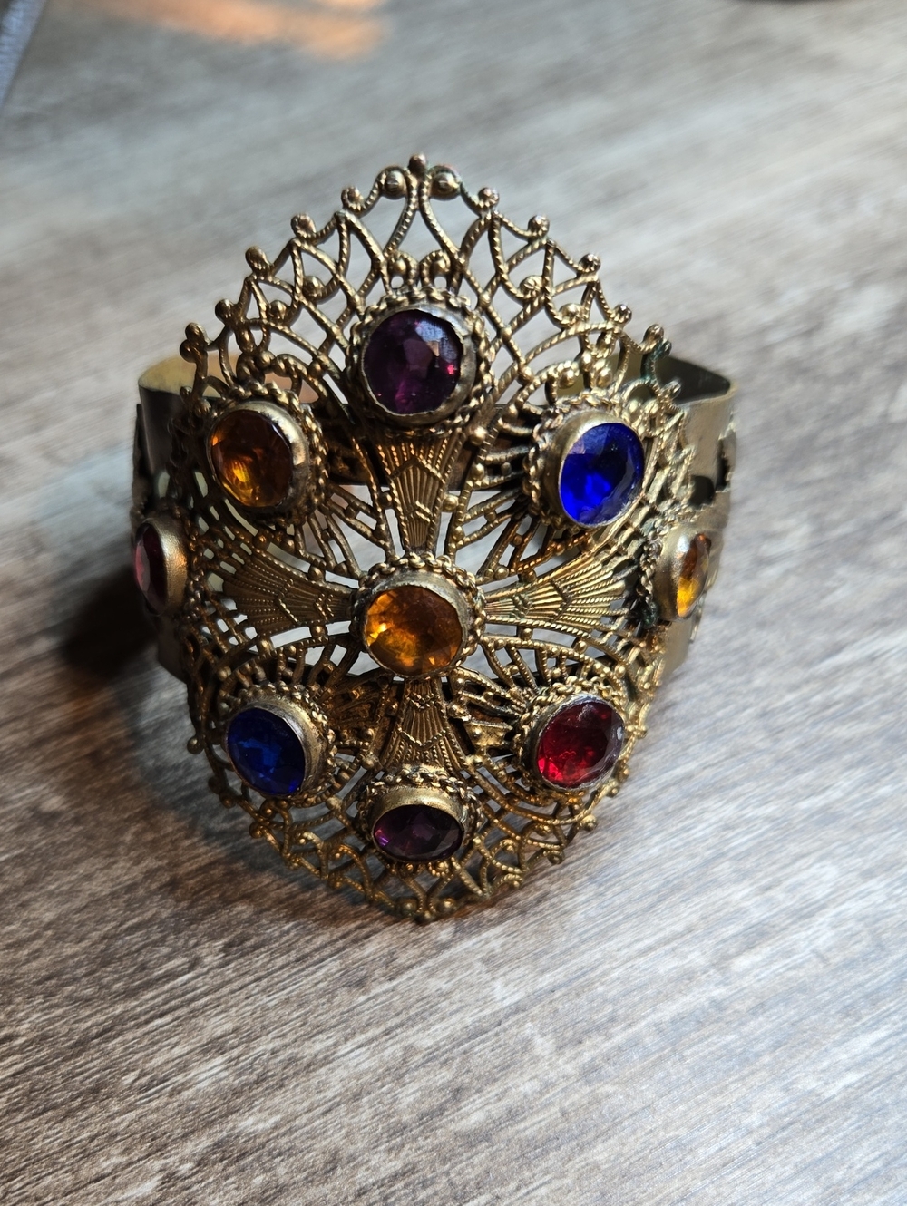 Vintage Brass Filigree Multi Color Glass Rhinestone Wide Cuff Bracelet